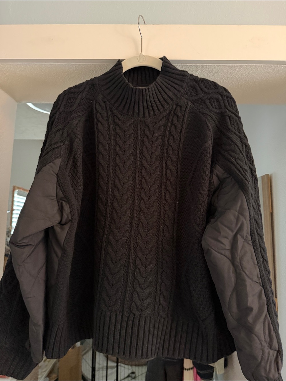 Japanese brand Black Cable-Knit Sweater with nylon quilted back